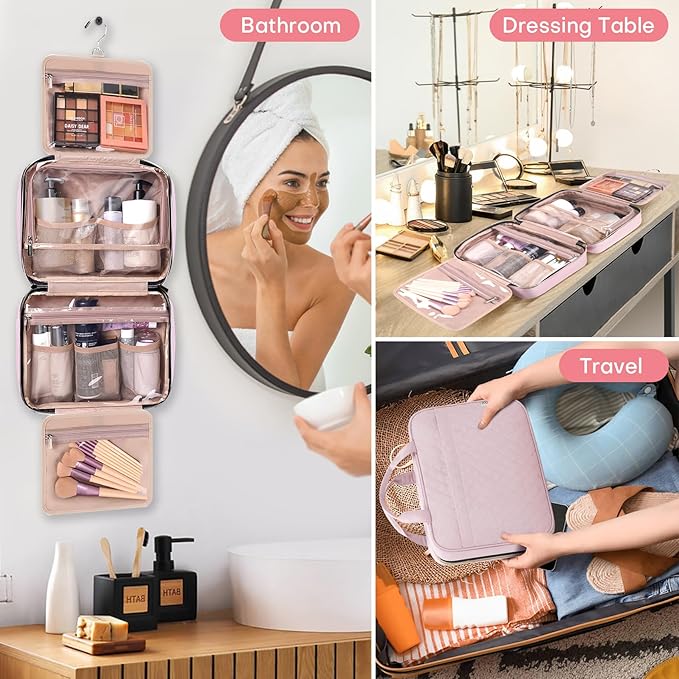 HXLGMD Travel Size Toiletry Bag for Women, Portable Cosmetic Bag with Hanging Hook, Travel Essentials Water-resistant Makeup Organizer for Accessories, Shampoo, Full-size Container, Toiletries