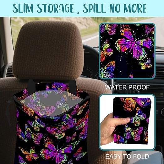 Car Garbage Bag Watercolor Colorful Butterflies Hanging Canvas Car Trash Bag Waterproof Drawstring Car Back Seat Organizer for Car Back Front Seat Console with Adjustable Buckle
