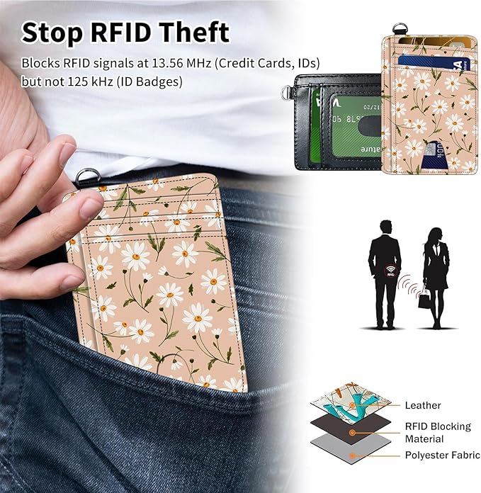 Slim Minimalist Front Pocket Wallet,Credit Card Holder Wallet for Women Men,RFID Blocking Credit Card Holder Case Leather Cute Small Thin Wallet ID Window&Wrist Strap,White Daisy Flower