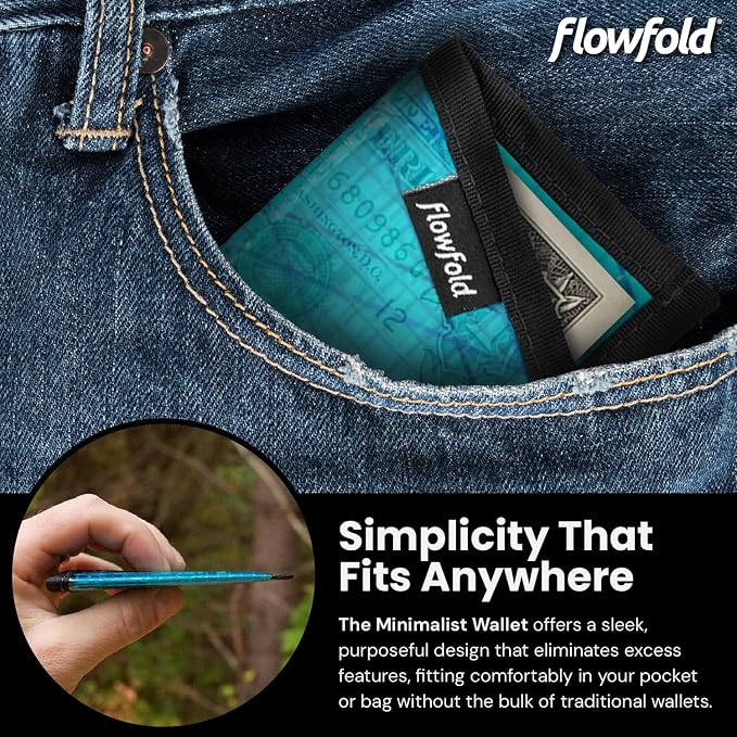 Flowfold Recycled Sailcloth Minimalist Card Holder Wallet | Slim and Durable with Cash pocket and Credit Card Slot | Minimalist Wallet Made in USA Holds 6-8 Cards