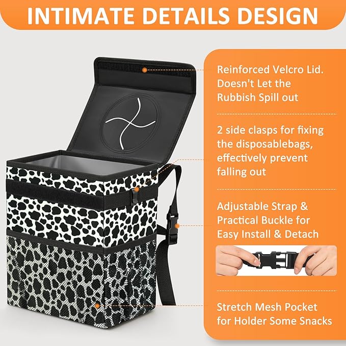 Vankor 3 Gallons Car Trash Can with Lid, Car Bag Bin Hanging Waterproof Automotive Garbage Cans Leak Proof Vehicle Trash Can Cow Print