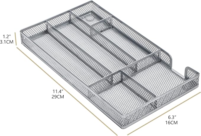 Annova Desk Drawer Organizer Tray for Office Organization - Metal Mesh - Storage Tray with Dividers for Pens, Desktop Accessories, Bathroom, Kitchen, Makeup and Office Supplies (Small, Silver)