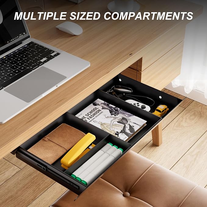 Under Desk Drawer with Removable Tray, 22.4" Wide 2-in-1 Organizer – 60° Ergonomic Tilt, 4-Compartment Insert for Pens, Phones & Cables, Ball Bearing Slides, for Home Office & Student Desk