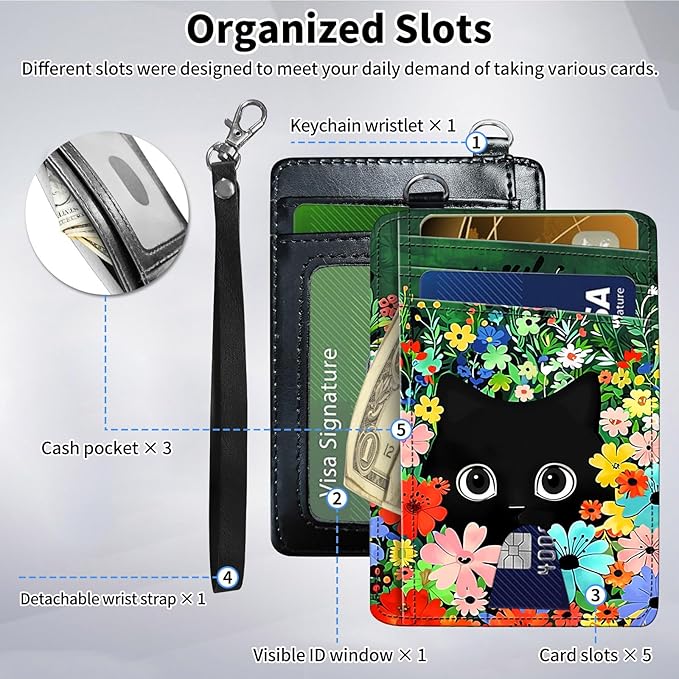 Slim Minimalist Front Pocket Wallet,Credit Card Holder Wallet for Women Men,RFID Blocking Credit Card Holder Case Leather Cute Small Thin Wallet ID Window&Wrist Strap,Cute Cat Floral