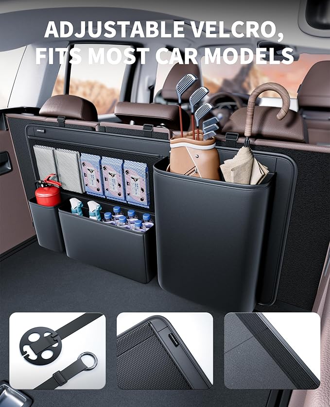 PU Leather Hanging Trunk Organizer - Sturdy Non-Sagging Car Trunk Organizer for SUV Sedan Truck - Waterproof Easy Clean Backseat Organizers Hanging Storage