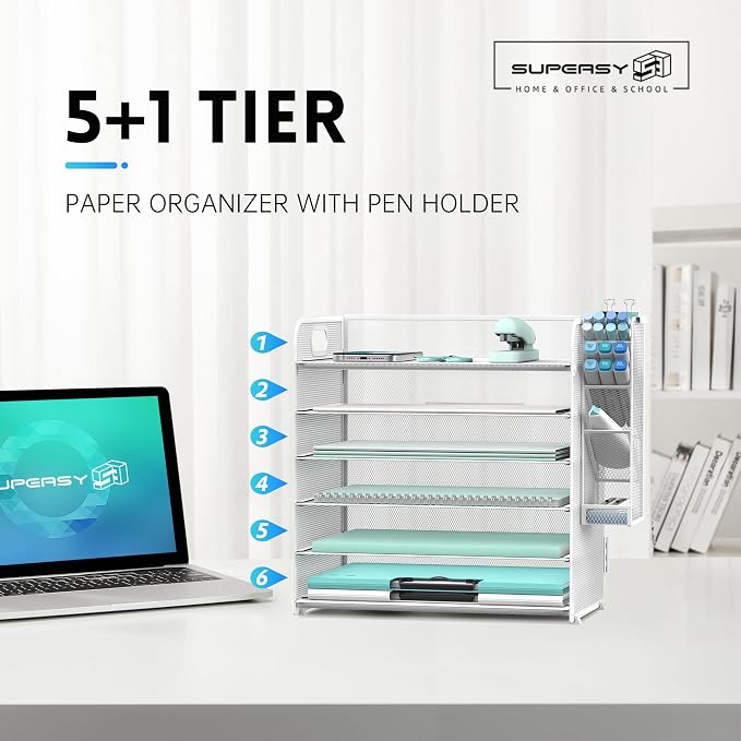 SUPEASY 6 Tier Paper Organizer with 4 Pen Holders, Mesh Letter Tray with Handle, Paper Tray Organizer for A4 Files, White