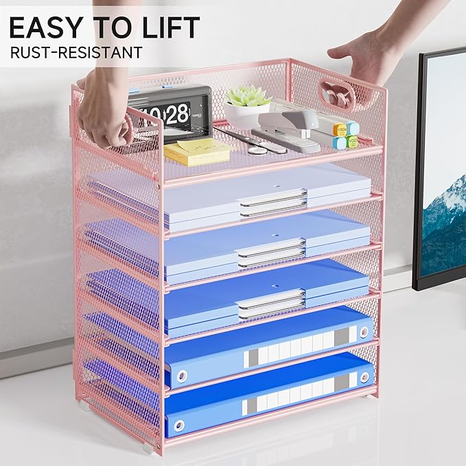 Pink Paper Organizer for Desk with Handle, 6-Tier Metal Mesh File Organizer | Stackable Desktop Organizer for Office Supplies & Stationery Storage