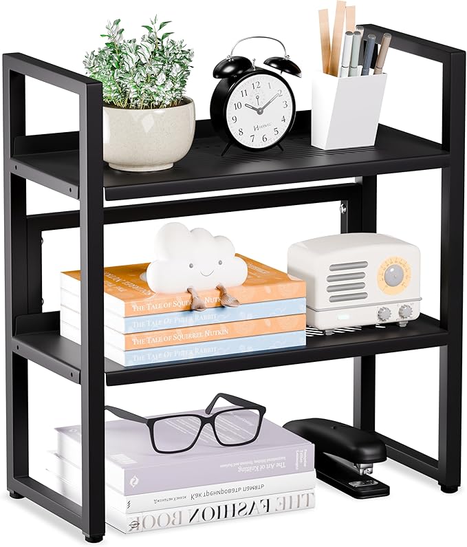 Brakki Desk Shelf Organizer, Adjustable 2 Tier Metal Desktop Shelves, Desktop Bookshelf Organization with Foot Mat, Multi-Functional Small Storage Rack for Office Dorm Home, Black