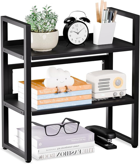 Brakki Desk Shelf Organizer, Adjustable 2 Tier Metal Desktop Shelves, Desktop Bookshelf Organization with Foot Mat, Multi-Functional Small Storage Rack for Office Dorm Home, Black