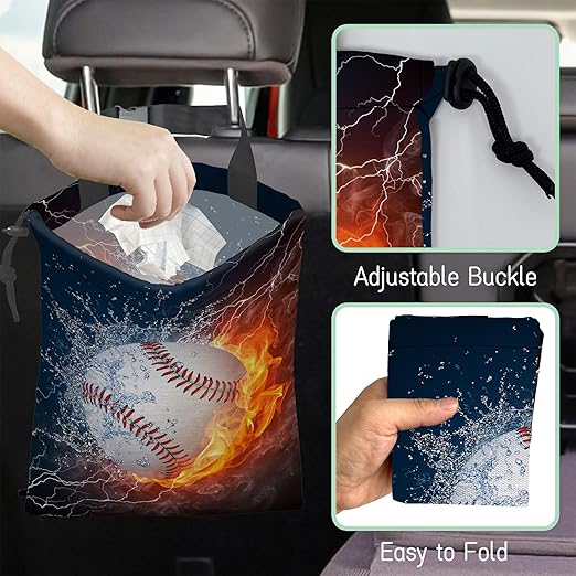 Baseball Ball Car Garbage Bag,Fire Ball Waterproof Small Car Trash Bag Hanging Back of Seat,Drawstring Hanging Car Trash Bag with Adjustable Buckle for Car Accessories