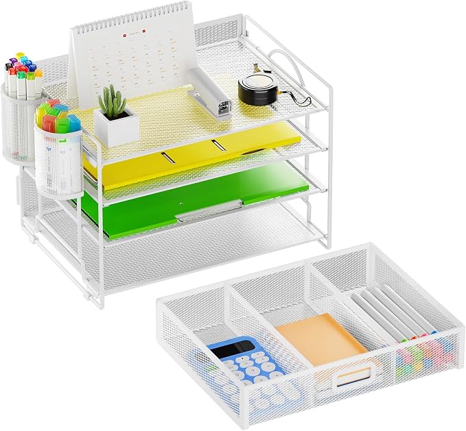 Marbrasse Desk Organizer and Accessories4-Tier Paper File Letter Tray Accessories & Workspace Desk Organizers with Drawer and 2 Pen Holders for School Home Office Supplies (White)