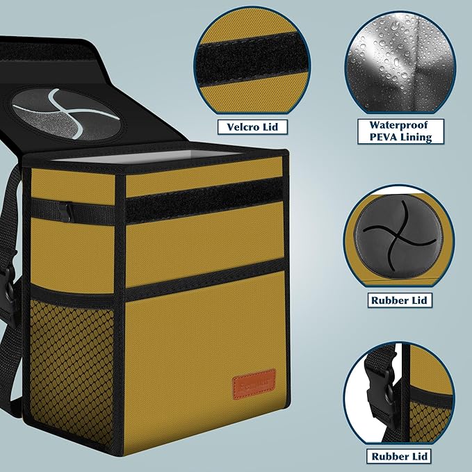 Femuar Car Trash Can with Lid - Leak Proof, Waterproof Garbage Can for SUV Front Seat, Multipurpose Car Hanging for Headrest, Collapsible and Portable with Storage Mesh Pocket, Khaki