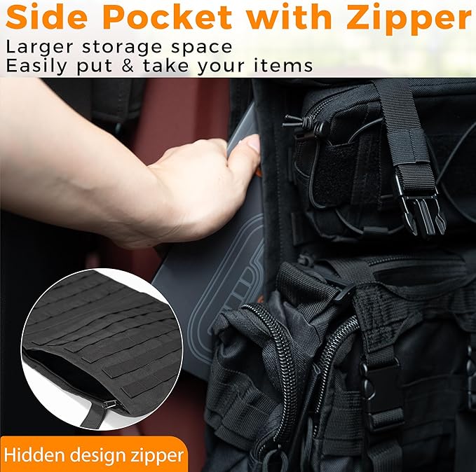 Tactical Seat Back Organizer, Molle Car Seat Organizer Panel with 5 Detachable Molle Pouch for Car Truck Ford Jeep Vehicle, Military Grade Storage Panel Backseat Protector for Man, Black