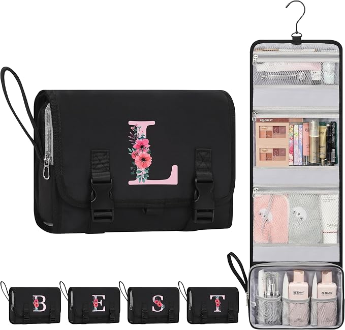 Relavel Initial Hanging Toiletry Bag for Women, Travel Toiletries Bags for Teens, Personalized Initial Toiletry Pouch, Birthday Gifts for Mom Daughter Sister Friends for Full-size Toiletries - Black L