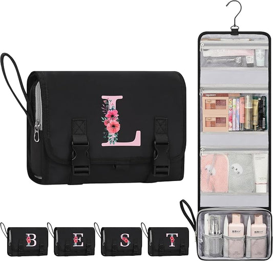 Relavel Initial Hanging Toiletry Bag for Women, Travel Toiletries Bags for Teens, Personalized Initial Toiletry Pouch, Birthday Gifts for Mom Daughter Sister Friends for Full-size Toiletries - Black L