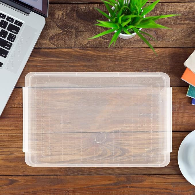 SHOWERORO Transparent File Box with Snap-tight Lid Stackable Desktop Document Organizer for Files Magazines Notebooks Moisture-resistant Storage Container for Office and Home Use