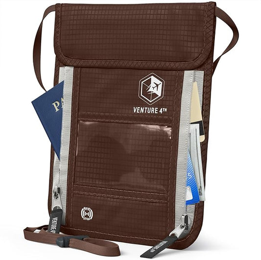 VENTURE 4TH Neck Wallet for Women & Men – RFID Blocking Passport Holder for Travel, Hidden Neck Pouch with 6 Compartments, Slim Lightweight Travel Organizer with Adjustable Strap (Brown)