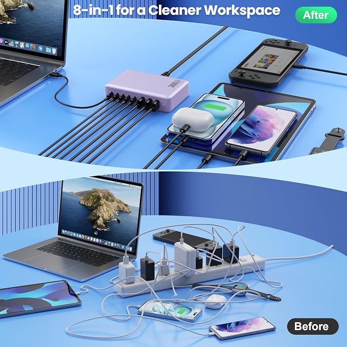 USB C Charger 300W USB C Charger Block, 8-Ports GaN IV Fast Charging Station Hub,PD 100W Laptop Charger Adapter,for MacBook Pro/Air/iPad/iPhone16/15/14/Apple Watch/DELL/Samsung for Home Office