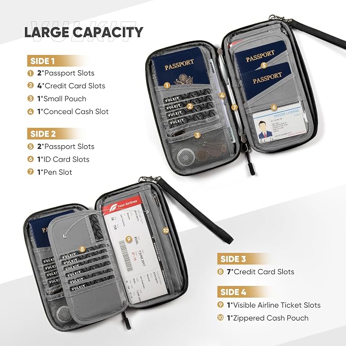 VULKIT Passport Wallet Family Passport Holder, RFID Blocking Travel Document Organizer with Wrist Strap Travel Wallet