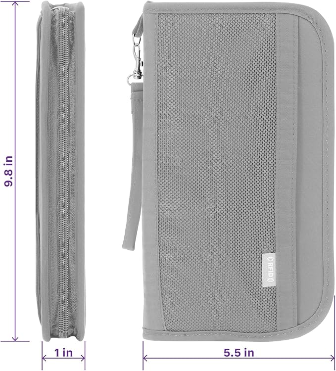 Fosmon Passport Bag, RFID Blocking Travel Document Organizer, Gray | Polyester material, slim RFID-blocking wallet, compact 9.8x1x5.5 inches, for airplane travel, unisex, gray.