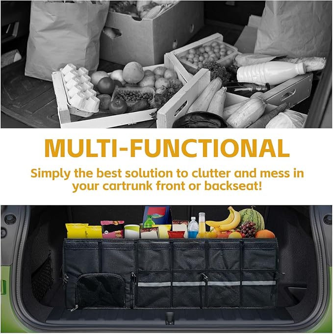 Car Trunk Organizer with Lid and 30L Removable Leakproof Cooler Bag, Compartment for 1 Pair of Shoes, Golf Trunk Organizer for SUV, 1680D Oxford,35.4”×13.7”×11.8”(112L)