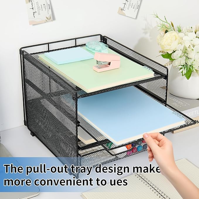 OPNICE Desk Organizers and Accessories, 4-Tier Desktop File Organizer with Drawer, Office Desk Accessories & Workspace Organizers for Office, Home Supplies(Black)
