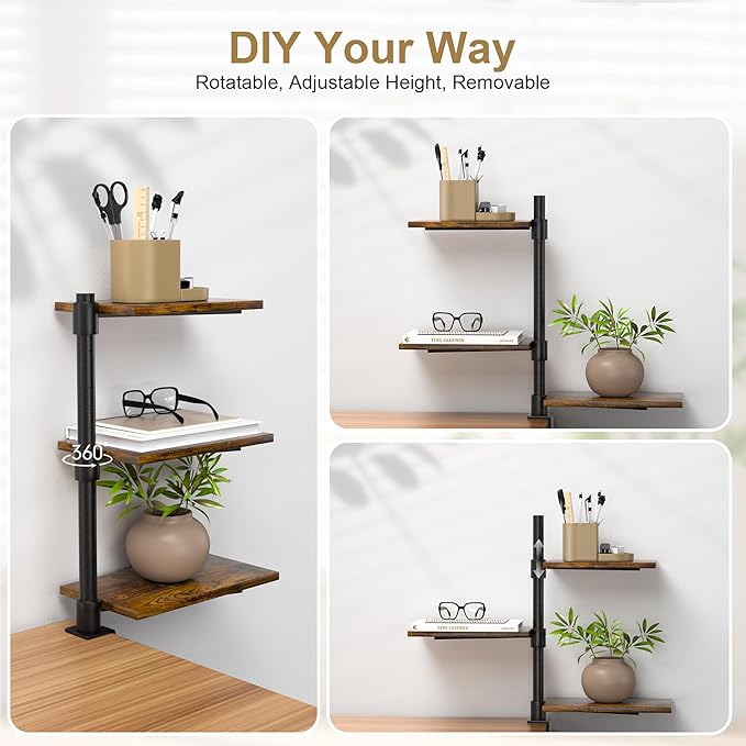 Clamp On Desk Shelf 3-Tier, Adjustable Height Wood Shelving Unit for Office Desk Gaming Accessories, 360° Rotatable Storage Tray, Desktop Book Organizer Storage Rack, Shelf for Top of Desk