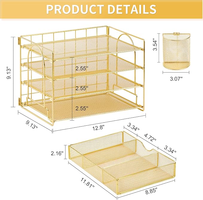 Lavatino Paper Letter Tray Organizer with File Holder, 4-Tier Desk Accessories & Workspace Desk Organizers with Drawer and 2 Pen Holder for Office Supplies (Gold)