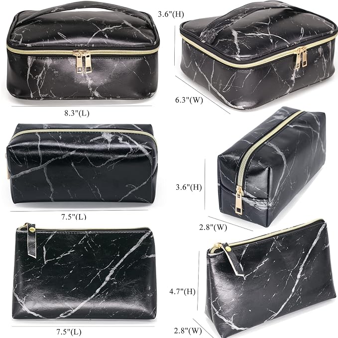 FITINI 3 Pack Marble Makeup Bag Travel Toiletry Bag Portable Cosmetic Pouch Organizer with Small Brush Holders Gold Zipper Waterproof Storage Case for Women and Girls,Black