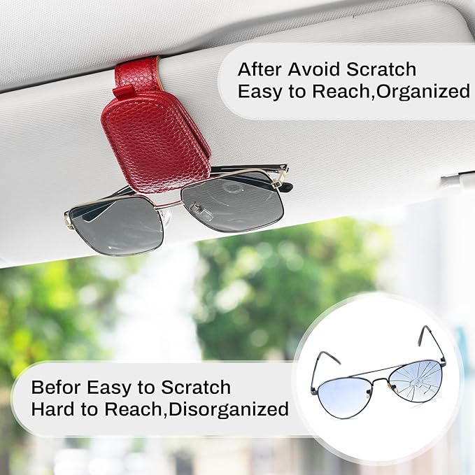 SINGARO Sunglasses Holder for Car, Leather Magnetic Buckle Sun Visor Sunglass Clip, Ticket Card Storage Glasses Clip, Car Interior Accessories for Men and Women（Red）