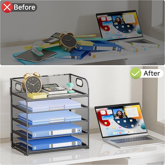 5-Tier Stackable Paper Organizer with Handle, Gray Metal Mesh Letter Tray | Modern Desk File Sorter for Office, Home & Classroom Organization