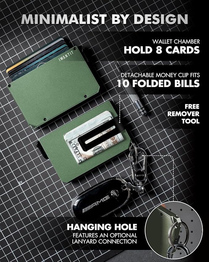 iwantit Pop Up Wallet for Men, Slim Minimalist Credit Card Holder with Money Clip - Man Metal Aluminum Wallet RFID Blocking, Smart Tactical Wallet for Men, Gift for Men (Green)