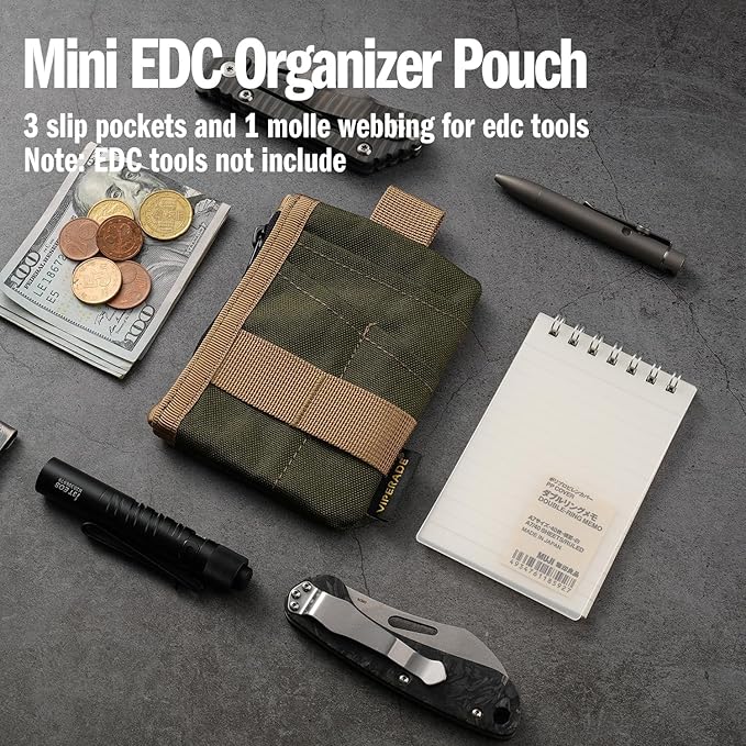 VIPERADE VE28 6-in-1 EDC Pouch, 500D Compact EDC Pocket Organizer, Molle Extension Tool Storage Bag, Small Coin Purse/Card Holder/Swiss Army Knife Pocket Pouch (Green/Tan)