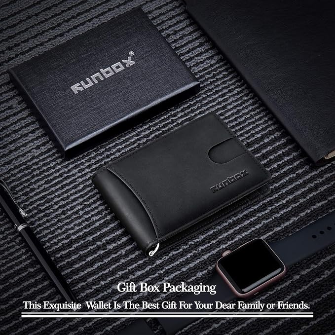 RUNBOX Slim Wallet for Men Genuine Leather RFID Blocking Bifold Minimalist Front Pocket Mens Wallet with Money Clip Thin Gift Box