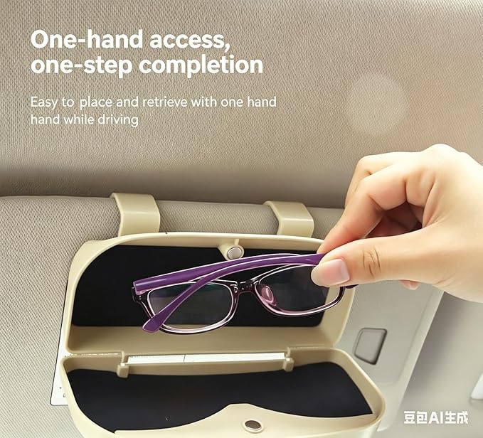 Car Sun Visor Glasses Holder, Magnetic Closure Sunglasses Storage Case with Visor Clip, Beige, One-Hand Access