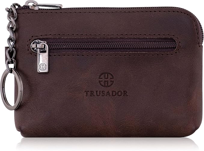 Trusador Milano Unisex Leather Front Pocket Wallet Coin Purse Zipper Pouch with Keychain (Brown)