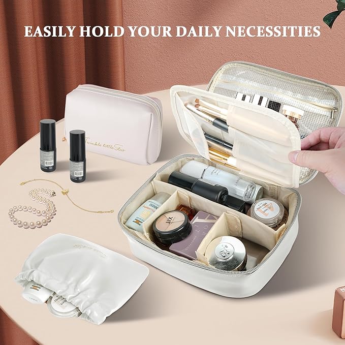 Travel Makeup Bags Set, 4 Pcs PU Leather Cosmetic Organizer Bag with Jewelry bag, Large Make Up Cosmetic Bag with Divider and Handle, Portable Travel waterproof Vanity Bag for Women Girl (Off-white)