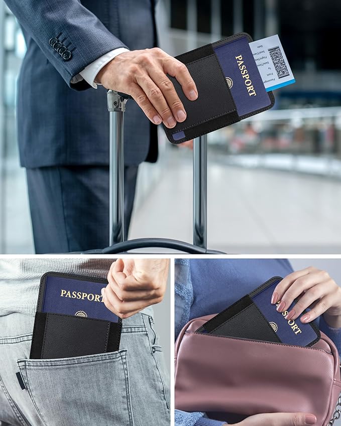HiWe Passport Holder with AirTag Slot, Minimalist RFID Passport Holder for Travel, Leather Passport Wallet Cover Case for Men & Women, 4 Slots, 1 Pocket, Black