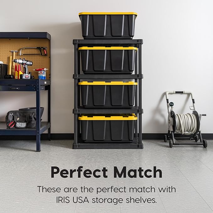 IRIS USA 4-Pack 27 Gallon Storage Bins with Lids |Made in USA| Heavy Duty Plastic Tote Containers for Truckbed Tool Box Organization, Large - Black/Yellow