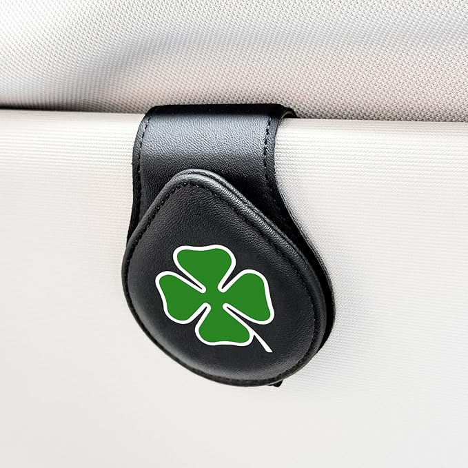 Lucky Four Leaf Clover - Car Sunglass Holder, Magnetic Leather Eyeglass Hanger Mount Clip Holder for Car Visor Accessories