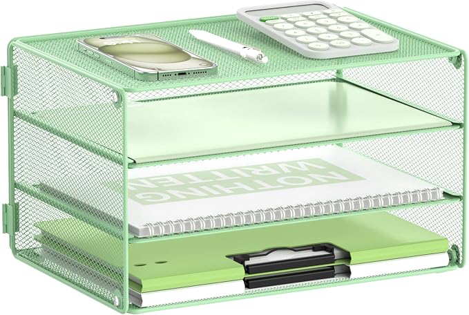 DALTACK 3 Tier Letter Tray Paper Organizer for Desk, Mesh Metal Desk File Organizer with Sliding Trays for Letter/A4 Paper, Mail, Bills & Folders, Mint Green