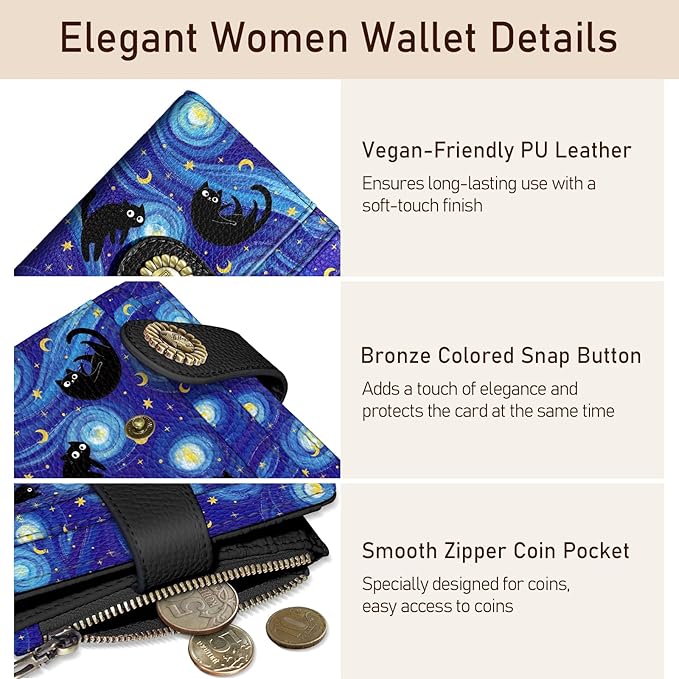 Kelvoris Black Cat Bohemian Vintage Small Rfid Women Wallet Bifold Zipper Coin Pocket PU Leather Compact Cash Credit Card Holder Travel Wallet for Female Ladies Teen Girls 1 ID Window 10 Card Slots