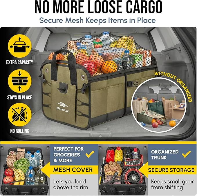 Heavy Duty Foldable Trunk Organizer 2-Section – Dual-Compartment Car Cargo Box with Non-Slip Pads & Removable Dividers – Green