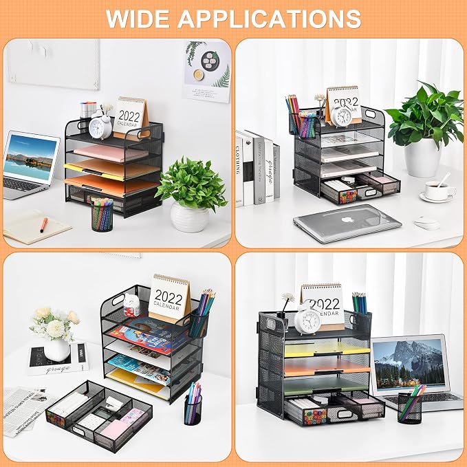 Lavatino 5 Tier Paper Organizer for Desk, Letter Tray with Drawer and 2 Pen Holders, Mesh File Sorter, Desktop Document Shelf Storage Organization Office School Home Black with Drawer