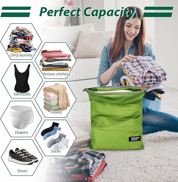 Veki 2 Pack Travel Laundry Bag, Waterproof Dirty Clothes Bags with Handles, Washable Wet Dry Bag, Essential Storage Organizer for Camping, Gym, Swimsuit, Suitcase, College Dorm (White&Green, X-Large)