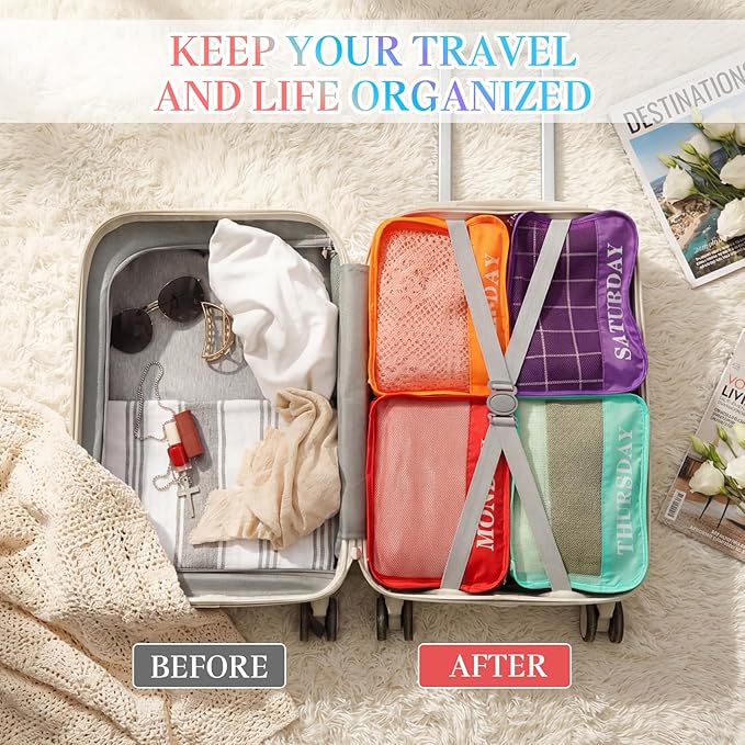 Days of Week Packing Cubes Weekly Organizer Travel Storage Bag School Clothes for Kids Summer Camp Family(9x7x3inch,Rainbow,15)