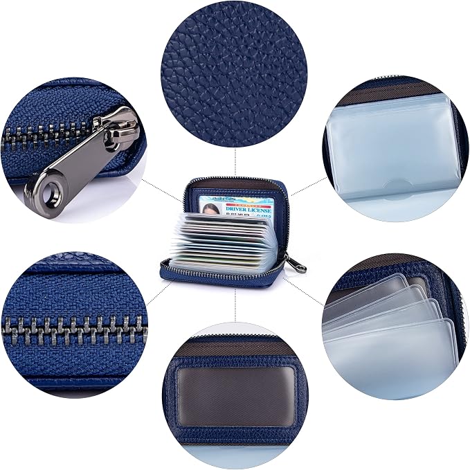 Suweibuke Genuine Leather Credit Card Holder Zipper Wallet RFID Blocking Secure Card Case ID Case Organizer (Dark Blue)