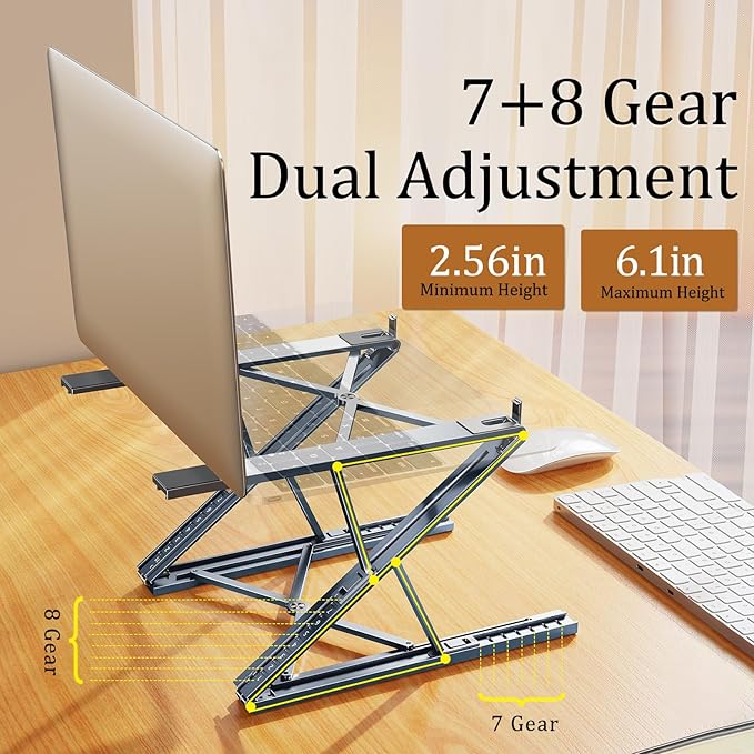 Dual Layer Laptop Stand Riser for Desk,Ergonomic Foldable Computer Stand,Aluminum 7+8 Gear Adjustable Notebook Holder,Ventilated Cooling Notebook Mount Up for 18in Laptop & Tablet