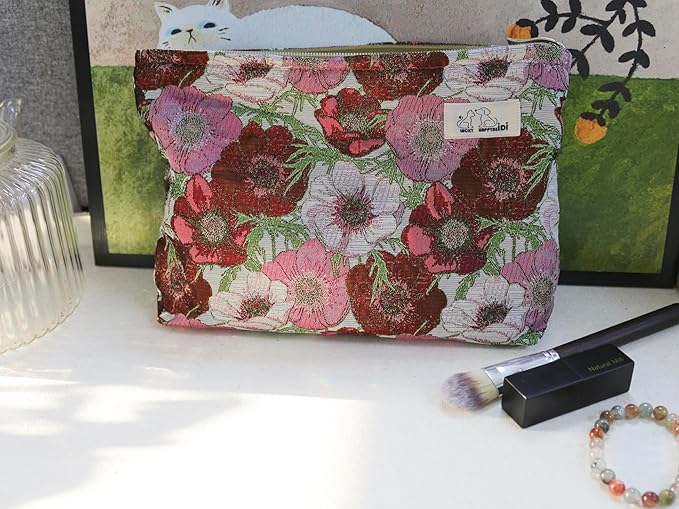 HAPPYHEIDI Makeup Bag Set 3 Cosmetic Toiletry Organizer Zipper Pouch for Purse Tote, Women Girls Gift, Large Medium Small, Red Floral Jacquard Polyester