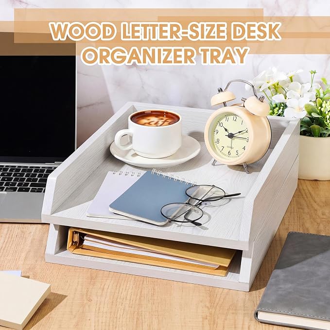 DoubleFill 2 Pcs Wooden Letter Trays Wood Letter-Size Desk Organizer Heavy Duty 2 Tier Stackable Supports Paper Tray Desktop Drawer Organizer File Folder Magazine Office Accessories (White)